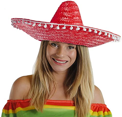 SOMBRERO PINK, RED, GREEN MULTICOLOURED OR YELLOW MENS LADIES MEXICAN DELUXE FANCY DRESS ACCESSORY HAT WITH POM POM EDGING BULK