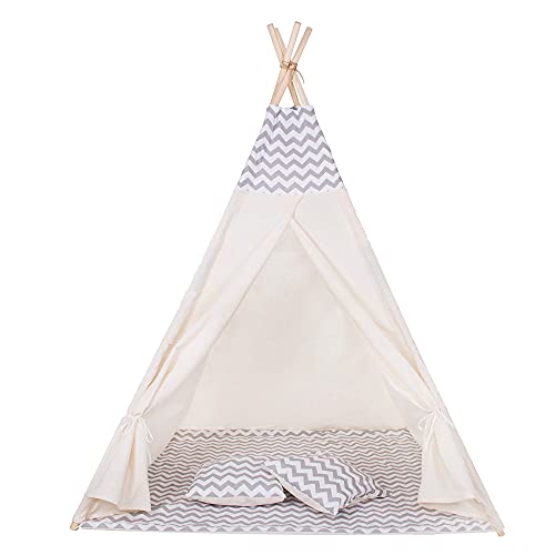 Springos, Gris 2 Rayas, Niños, Tienda Tipi, Wigwam con Colchoneta de Algodón, Tienda de Campaña Infantil, Tienda de Juego Infantil, Tipi de Juego a los Indios, Rincón de Cariño 160*120*100 cm