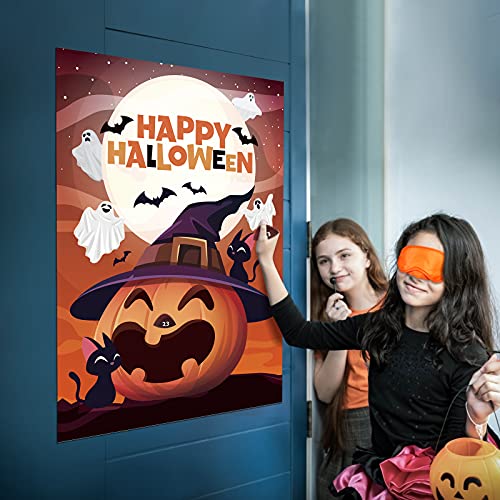 TAROME Pin The Nose on The Pumpkin Game Actividades de Fiesta de Halloween Pin Game Póster de Calabaza Grande Juego de Recuerdos de Fiesta de Halloween con 24pcs Pegatinas de Nariz para Niños Niñas