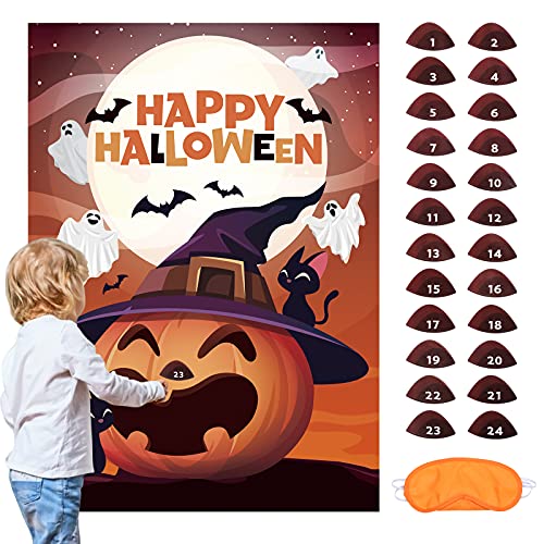 TAROME Pin The Nose on The Pumpkin Game Actividades de Fiesta de Halloween Pin Game Póster de Calabaza Grande Juego de Recuerdos de Fiesta de Halloween con 24pcs Pegatinas de Nariz para Niños Niñas