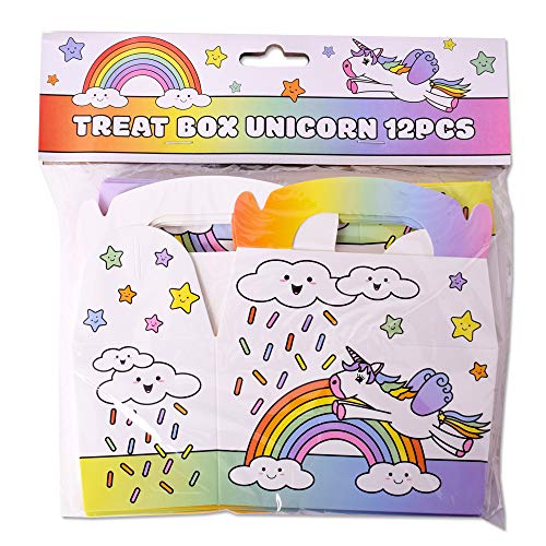 TE-Tend - Caja de cartón con diseño de unicornio, 12 unidades, caja de regalo, caja de regalo para fiestas, cumpleaños infantiles, caja plegable, multicolor