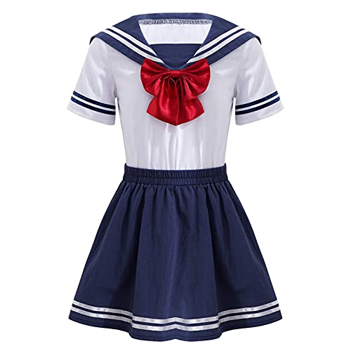 TiaoBug Vestido de Uniforme Escolar Camisas de Vestir de Marinero Clásicas de Escuela Japonesa para Niñas Disfraz de Uniformes Cosplay de Anime con Pajarita 6-14 Años Azul Marino 10 años