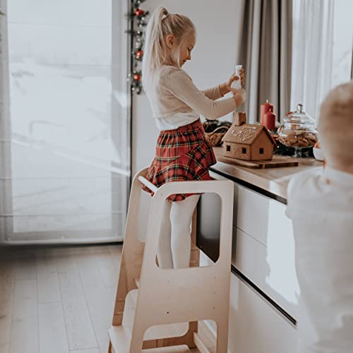 Torre de Aprendizaje Montessori con pizarra - Plataforma de Madera para Trepar en la Cocina para Bebés y Niños - Torres Ajustables para Encimeras y Mesa - Taburete Seguro y Duradero