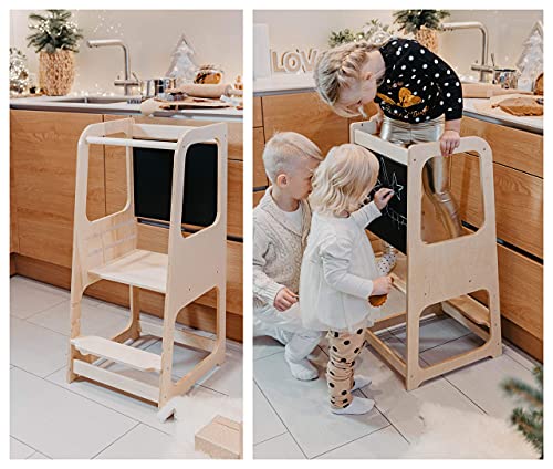 Torre de Aprendizaje Montessori con pizarra - Plataforma de Madera para Trepar en la Cocina para Bebés y Niños - Torres Ajustables para Encimeras y Mesa - Taburete Seguro y Duradero