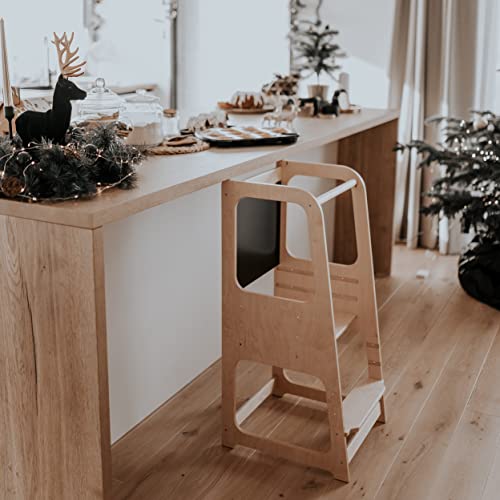 Torre de Aprendizaje Montessori con pizarra - Plataforma de Madera para Trepar en la Cocina para Bebés y Niños - Torres Ajustables para Encimeras y Mesa - Taburete Seguro y Duradero