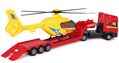 Toyland® - Transportador de superficie plana Scania con helicóptero - Escala 1:48 - Rueda libre - Juguetes para vehículos de transporte - Artículos coleccionables para vehículos - Juguetes para niños (Camión Rojo / Helicóptero Amarillo)