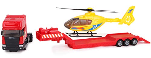 Toyland® - Transportador de superficie plana Scania con helicóptero - Escala 1:48 - Rueda libre - Juguetes para vehículos de transporte - Artículos coleccionables para vehículos - Juguetes para niños (Camión Rojo / Helicóptero Amarillo)