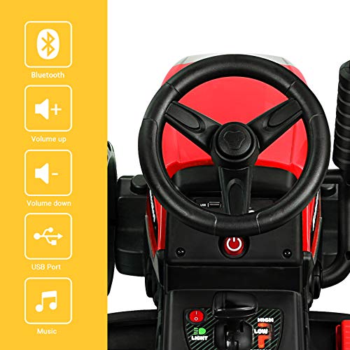 Tractor eléctrico, con remolque, 12 V, 7 Ah, motores de 35 W, rueda de EVA, con mando a distancia 2,4 GHz, 2 + 1 velocidades, claxon, Bluetooth, USB, reproductor MP3, 7 luces ledes (rojo)