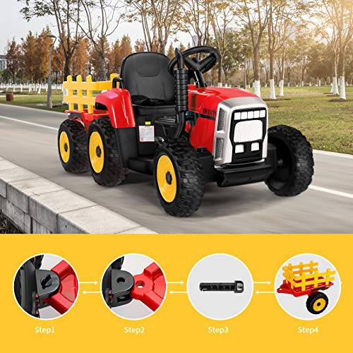 Tractor eléctrico, con remolque, 12 V, 7 Ah, motores de 35 W, rueda de EVA, con mando a distancia 2,4 GHz, 2 + 1 velocidades, claxon, Bluetooth, USB, reproductor MP3, 7 luces ledes (rojo)