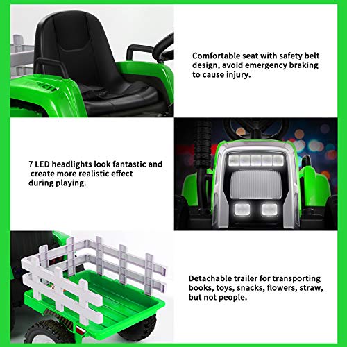 Tractor Eléctrico con Remolque, Tractor de Batería 12V 7AH,Motor de 35W y Rueda EVA, Control Remoto, 2+1 Cambios de Marchas, Bocina, Bluetooth, USB, Reproductor de MP3, Faro de 7 LED (Verde)