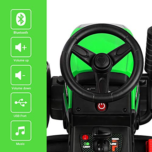 Tractor Eléctrico con Remolque, Tractor de Batería 12V 7AH,Motor de 35W y Rueda EVA, Control Remoto, 2+1 Cambios de Marchas, Bocina, Bluetooth, USB, Reproductor de MP3, Faro de 7 LED (Verde)