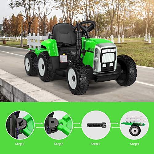 Tractor Eléctrico con Remolque, Tractor de Batería 12V 7AH,Motor de 35W y Rueda EVA, Control Remoto, 2+1 Cambios de Marchas, Bocina, Bluetooth, USB, Reproductor de MP3, Faro de 7 LED (Verde)