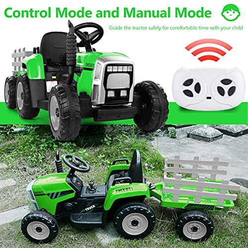 Tractor eléctrico de juguete, 12 V, 7 Ah, 2 + 1 velocidades, remolque, 7 luces ledes, botón de advertencia/reproductor MP3/Bluetooth/puerto USB, mando a distancia, para niños de 3 a 6 años (verde)