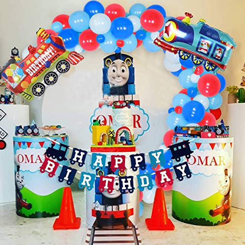 Tren decoraciones de cumpleaños – Kit de guirnalda de globos ferroviarios de tren de vapor Mylar Globos de feliz cumpleaños Banner para niño 2/3/4 años de edad suministros de fiesta de cumpleaños