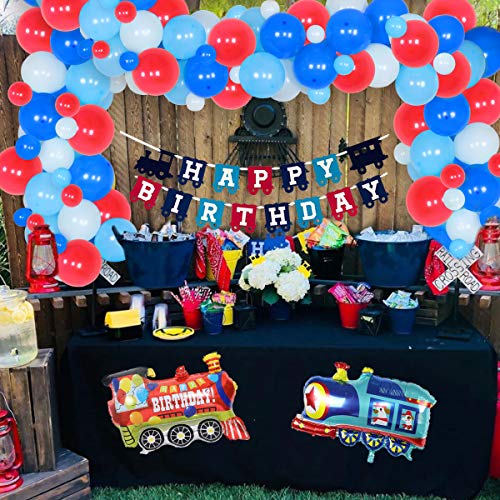 Tren decoraciones de cumpleaños – Kit de guirnalda de globos ferroviarios de tren de vapor Mylar Globos de feliz cumpleaños Banner para niño 2/3/4 años de edad suministros de fiesta de cumpleaños