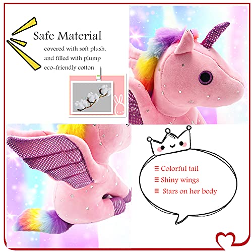 Unicornio de Peluche de Juguete Arco Iris Unicornio Ángel Pegaso Linda Almohada para Niños Niña Regalo de Cumpleaños 23CM (Rosa)