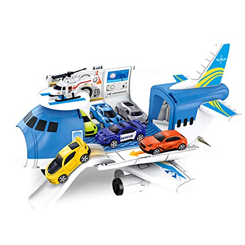 URFEDA Transporte Carga Avión Coche Juguete Avión grande electrónico con 4 coches 1 helicóptero juego para automóvil, vehículo educativo para niños y niñas de 3 años Regalo de juguete preescolar Azul