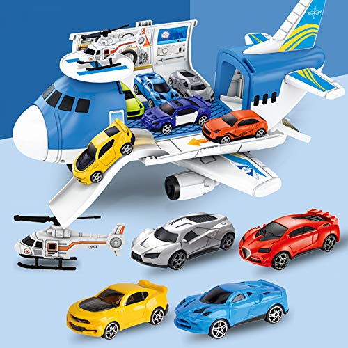 URFEDA Transporte Carga Avión Coche Juguete Avión grande electrónico con 4 coches 1 helicóptero juego para automóvil, vehículo educativo para niños y niñas de 3 años Regalo de juguete preescolar Azul