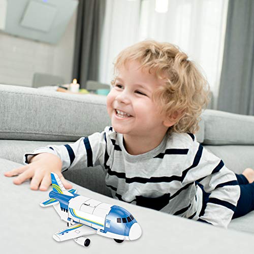 URFEDA Transporte Carga Avión Coche Juguete Avión grande electrónico con 4 coches 1 helicóptero juego para automóvil, vehículo educativo para niños y niñas de 3 años Regalo de juguete preescolar Azul