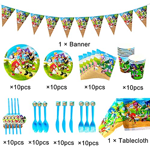 Vajilla De Fiesta, Sonic The Hedgehog Party Supplies Fiesta Decoraciones de Vumpleaños Sonic Party Vajilla Paquetes Incluye Flatwares, Tazas, Manteles, Servilletas, Pancartas