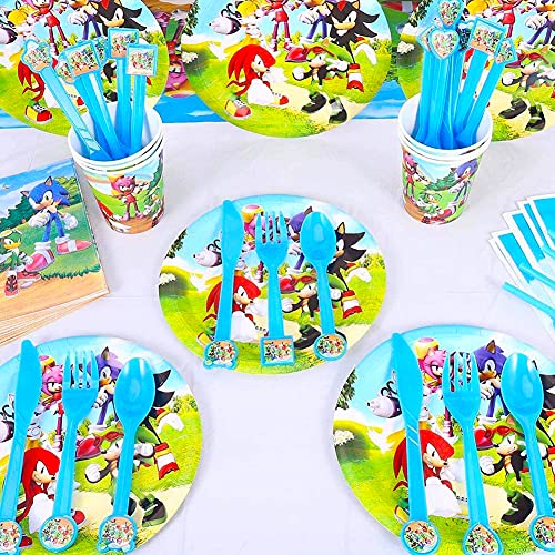 Vajilla De Fiesta, Sonic The Hedgehog Party Supplies Fiesta Decoraciones de Vumpleaños Sonic Party Vajilla Paquetes Incluye Flatwares, Tazas, Manteles, Servilletas, Pancartas