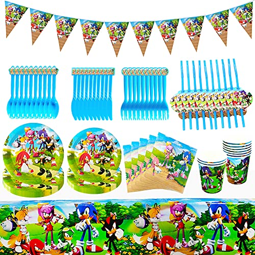 Vajilla De Fiesta, Sonic The Hedgehog Party Supplies Fiesta Decoraciones de Vumpleaños Sonic Party Vajilla Paquetes Incluye Flatwares, Tazas, Manteles, Servilletas, Pancartas