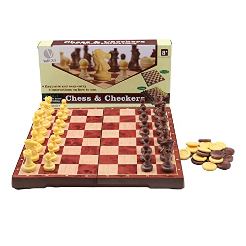 Various Tablero Ajedrez Magnético Ajedrez Dama y Backgammon Juego Mesa Estuche con Portátil Tablero Plegable para Viajar niños y Adulto (Marron)…