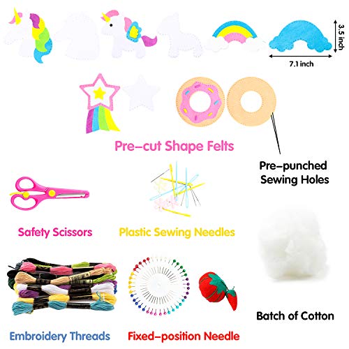 WATINC 5pz Kit de Costura Niños Unicornio Juego de Manualidades Coser Kit Manualidad de Coser Fieltro, Arcoíris y Rosquillas, con Fieltros, Aguja de Coser, Hilo de Bordar, Apto para Principiantes