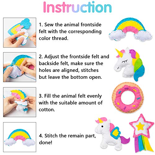 WATINC 5pz Kit de Costura Niños Unicornio Juego de Manualidades Coser Kit Manualidad de Coser Fieltro, Arcoíris y Rosquillas, con Fieltros, Aguja de Coser, Hilo de Bordar, Apto para Principiantes