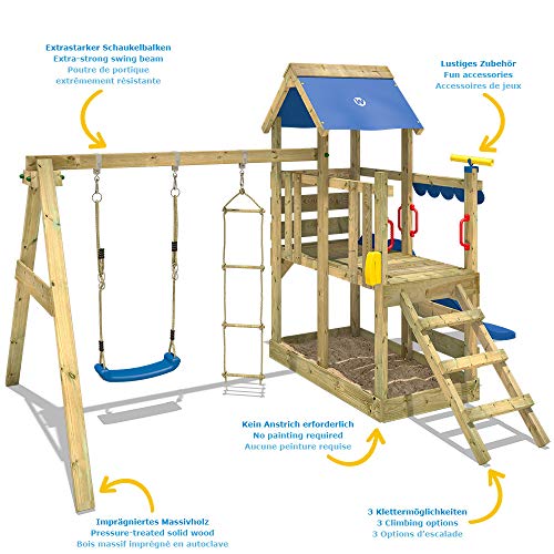 WICKEY Parque Infantil de Madera TurboFlyer con Columpio y tobogán Azul, Torre de Escalada de Exterior con arenero y Escalera para niños