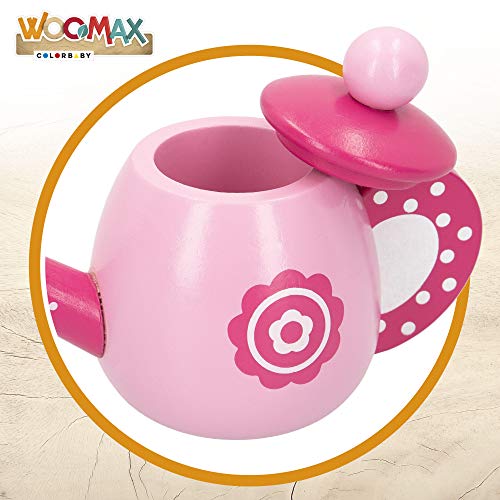 WOOMAX - Juego de té infantil madera, Vajilla café juguete, Juego café infantil, Accesorios cocina juguete, Tetera madera, Bandeja Taza Infantil Cocina, Juguetes niños 3 años (46478)