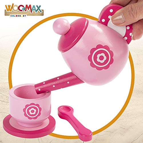 WOOMAX - Juego de té infantil madera, Vajilla café juguete, Juego café infantil, Accesorios cocina juguete, Tetera madera, Bandeja Taza Infantil Cocina, Juguetes niños 3 años (46478)