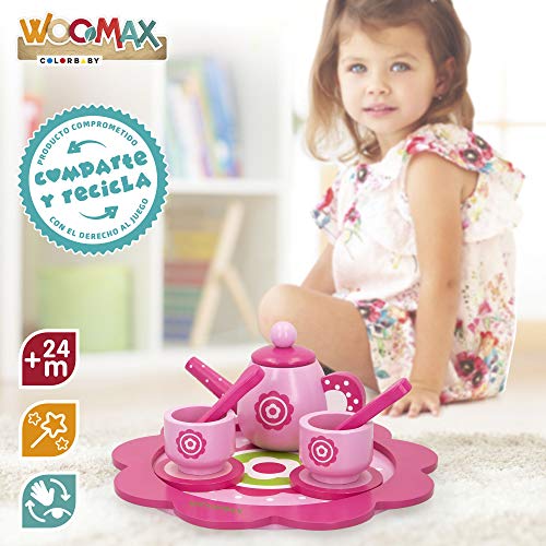 WOOMAX - Juego de té infantil madera, Vajilla café juguete, Juego café infantil, Accesorios cocina juguete, Tetera madera, Bandeja Taza Infantil Cocina, Juguetes niños 3 años (46478)