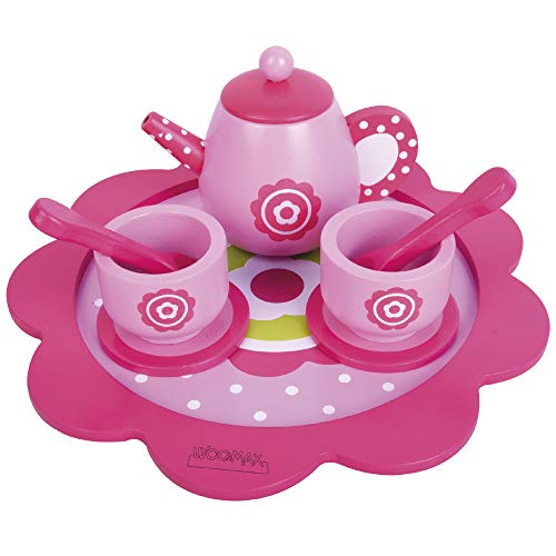 WOOMAX - Juego de té infantil madera, Vajilla café juguete, Juego café infantil, Accesorios cocina juguete, Tetera madera, Bandeja Taza Infantil Cocina, Juguetes niños 3 años (46478)