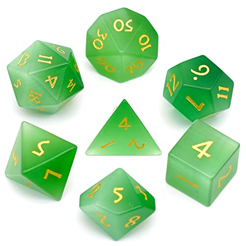 World of Dice - Edición de ojo de gato - Elegante juego de dados de piedra preciosa auténtica, juego de 7 dados para RPG, pluma y papel, DND, DSA, D4 hasta D20.