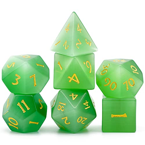 World of Dice - Edición de ojo de gato - Elegante juego de dados de piedra preciosa auténtica, juego de 7 dados para RPG, pluma y papel, DND, DSA, D4 hasta D20.