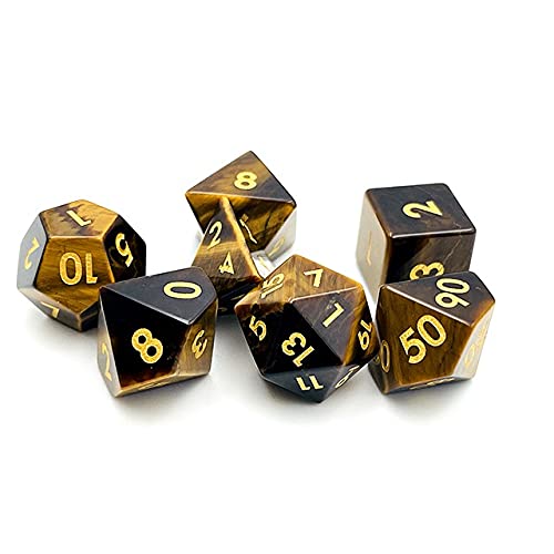 World of Dice - Edición de ojo de tigre - Elegante juego de dados de piedra preciosa auténtica, juego de 7 dados para RPG, pluma y papel, DND, DSA, D4 hasta D20.