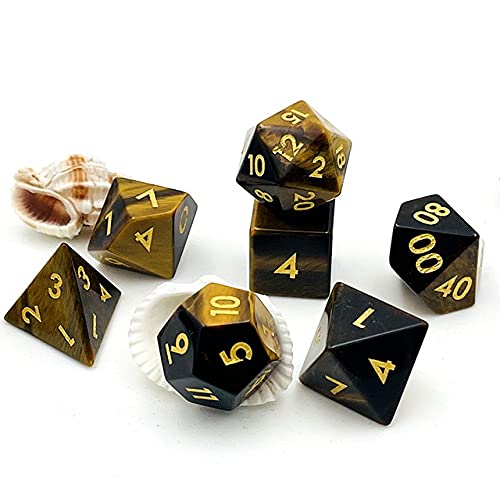 World of Dice - Edición de ojo de tigre - Elegante juego de dados de piedra preciosa auténtica, juego de 7 dados para RPG, pluma y papel, DND, DSA, D4 hasta D20.