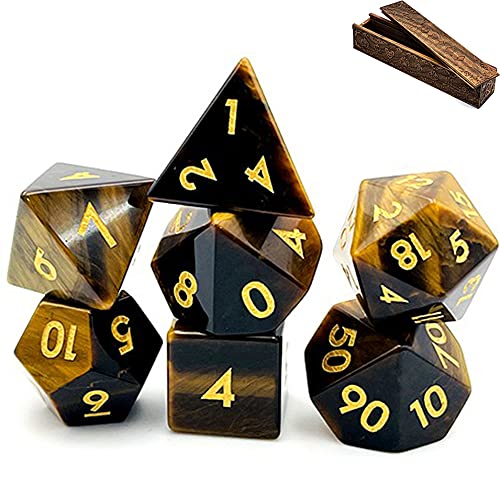 World of Dice - Edición de ojo de tigre - Elegante juego de dados de piedra preciosa auténtica, juego de 7 dados para RPG, pluma y papel, DND, DSA, D4 hasta D20.