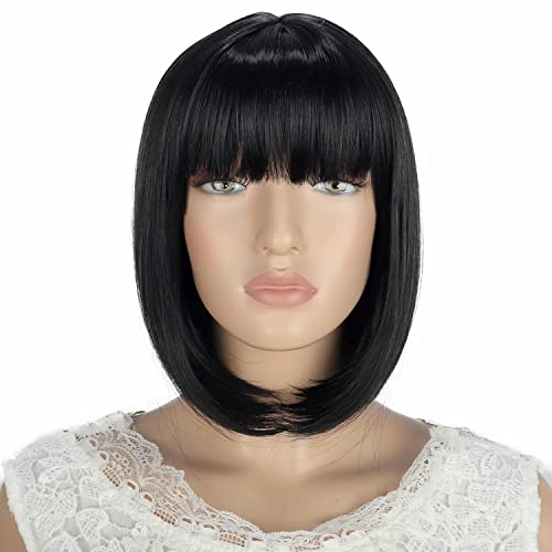 YESHEDO pelucas de pelo Negro corto y liso con flequillo para mujer, peluca de pelo sintético de color resistente al calor para cosplay diario natural como pelo real de 12 "