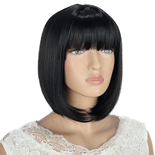 YESHEDO pelucas de pelo Negro corto y liso con flequillo para mujer, peluca de pelo sintético de color resistente al calor para cosplay diario natural como pelo real de 12 "