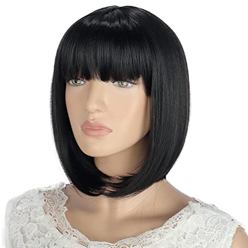 YESHEDO pelucas de pelo Negro corto y liso con flequillo para mujer, peluca de pelo sintético de color resistente al calor para cosplay diario natural como pelo real de 12 "