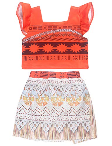 YOSICIL Disfraz Moana Dos Piezas Vestido vaiana con Collar Estampada Hawaiian Set niñas Adventure Traje Cosplay Infantil para Fiesta Carnaval bebé 2-9 años(90CM-130CM)