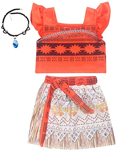 YOSICIL Disfraz Moana Dos Piezas Vestido vaiana con Collar Estampada Hawaiian Set niñas Adventure Traje Cosplay Infantil para Fiesta Carnaval bebé 2-9 años(90CM-130CM)