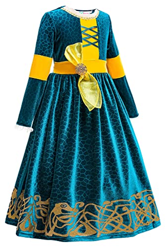 YOSICIL Vestido Princesa Disfraz Merida Brave Niña Merida Cosplay Costume Traje Manga Larga Fiesta Halloween Carnaval Navidad 3-9 años, Patrón de Bosque,Azul,110