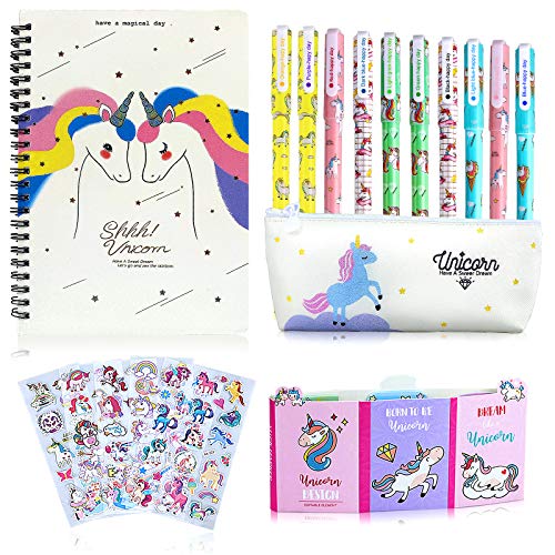 25 Piezas Bolígrafo Regalos de Unicornio para Niñas, Set de Papelería y Estuche Escolar y Cuaderno Libreta de Notas y Notas Autoadhesivas y Pegatina, Regalo para Niños 6 7 8 9 10 años (25 piezas）