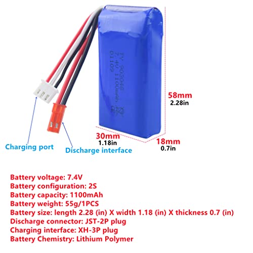 2PCS 7.4V 1100mAh Batería con Cable de Carga USB para WLTOYS A949 A959 A969 A979 K929 Batería de Control Remoto de Alta Velocidad RC V912 v913 l959 t23 t55 f45 Repuestos de batería de helicóptero