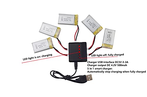 5pcs 3.7V 800mAh litiobatería con 5en1 Cargador para MJX X708 X709 X708W U45 U42 U45W U42W E32HW Syma X5c X5A X5SC X5SW H5C V931 S5C S5W SS40 FQ36 T32 T5W H42 Cuadricóptero RC Drone Batería BLLRC