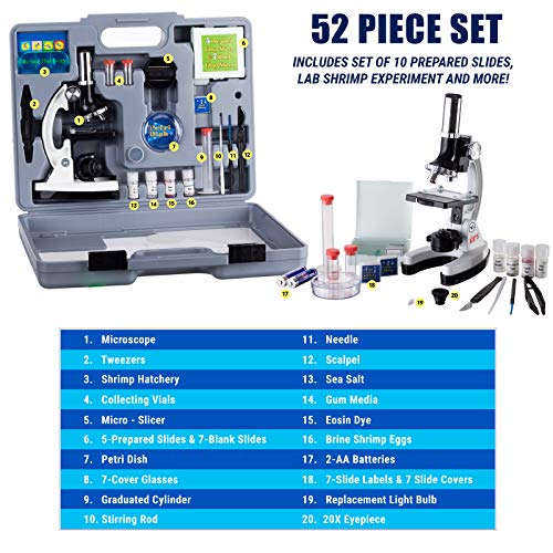 AmScope M30-ABS-KT2-W Beginner Microscope Kit, LED and Mirror Illumination, 300X, 600x, and 1200x Magnification, Includes 52-Piece Accessory Set and Case, White by AmScope