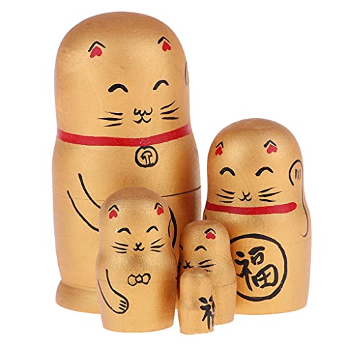 BQZJ Creativo 5 Piezas Pintado a Mano Gato de la Suerte Ruso Matryoshka apilamiento muñecas Nido niños Juguete Navidad/cumpleaños/Madre/Regalo del Día de San Valentín Regalo